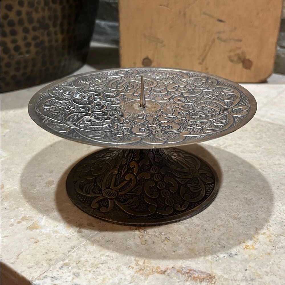 SOLD- vintage ornate metal pillar candle holder